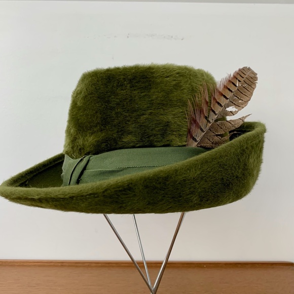 Vintage Original TOBY OF LONDON Hat Green Faux Fur Felt Feather Fedora Style - Picture 2 of 14